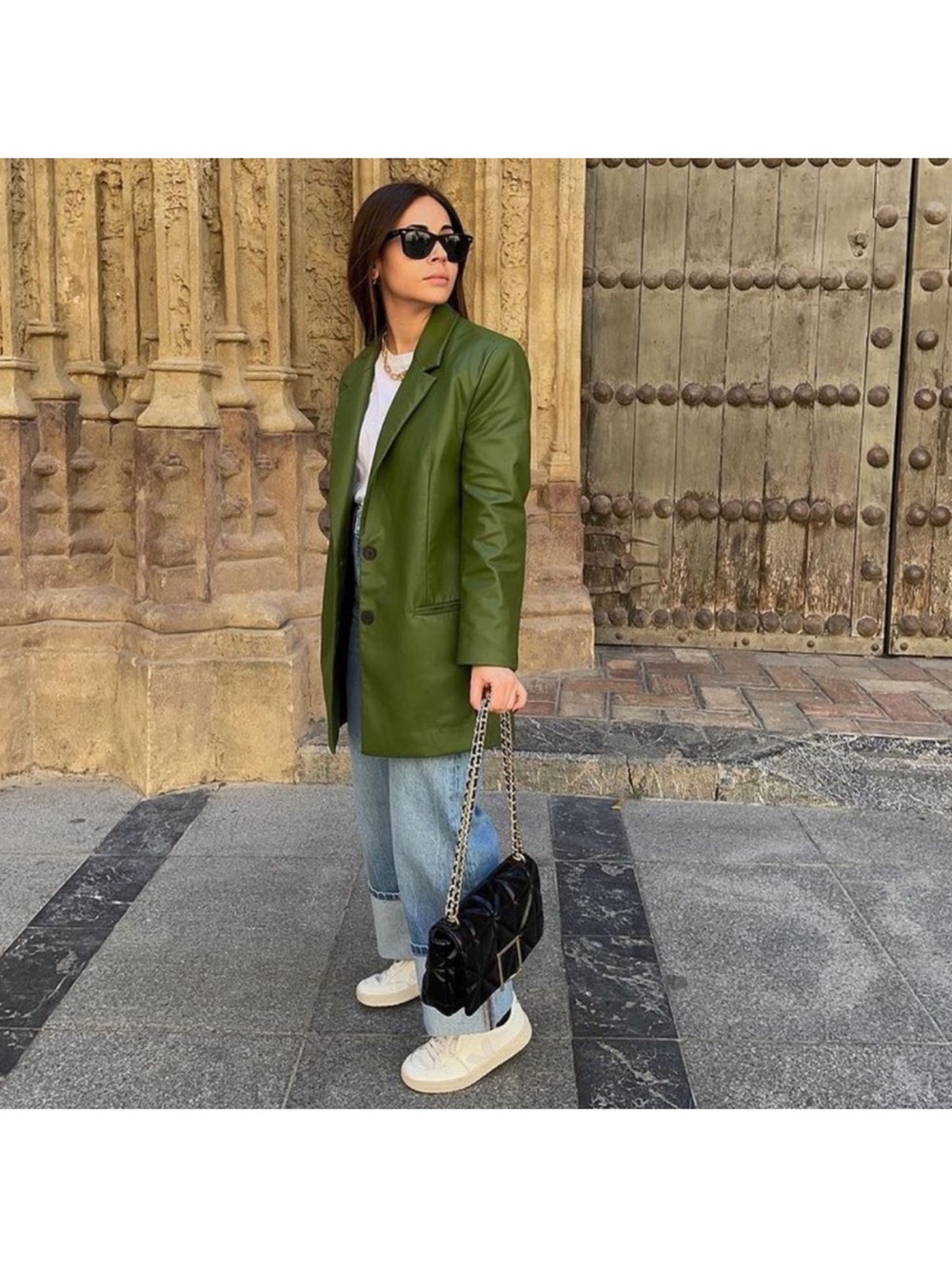 ZARA Olive Green Vegan Leather Blazer Size Medium - Picture 6 of 12
